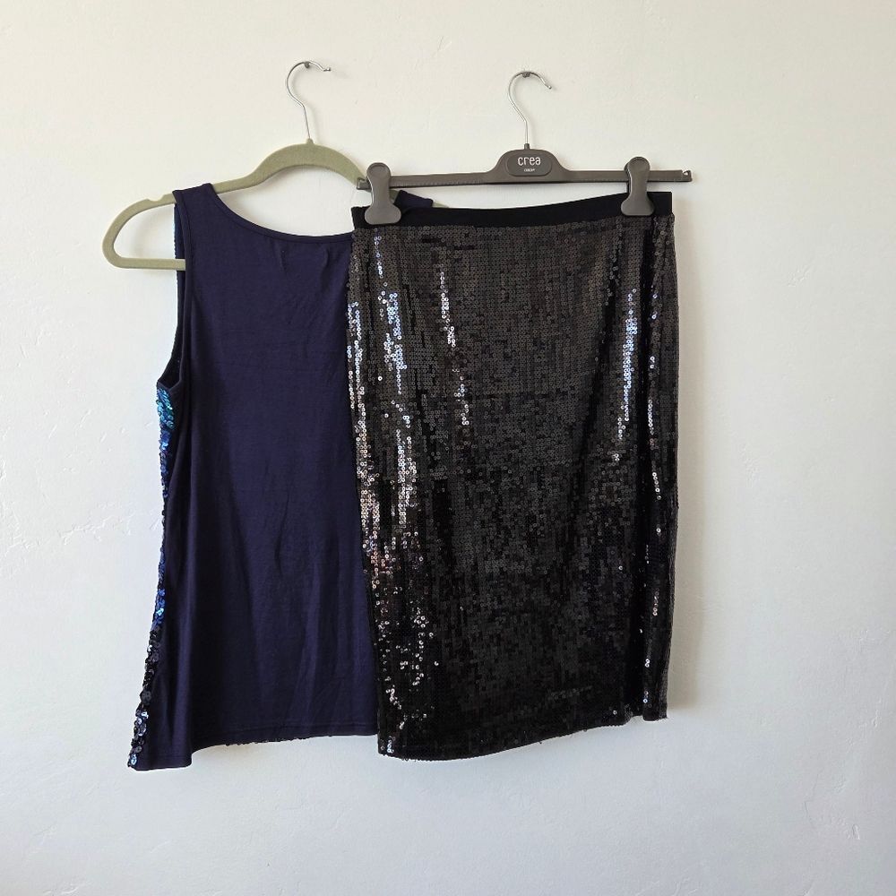 Sequin Set Skirt Camisole Party Flashy Fun Outfit Blue Black Cocktail Medium - Picture 8 of 10